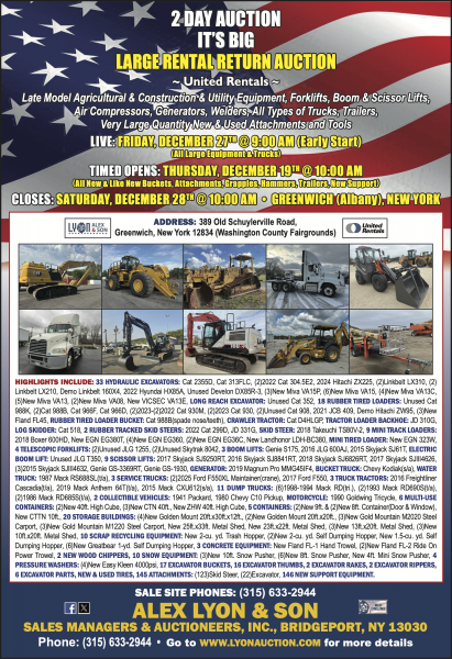 FRIDAY, DECEMBER 27TH @ 9:00 AM (Early Start) (All Large Equipment & Trucks)