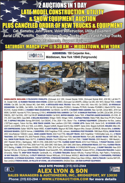 2 Auction In 1 Day, SATURDAY, MARCH 22ND @ 9:30 AM • MIDDLETOWN, NEW YORK